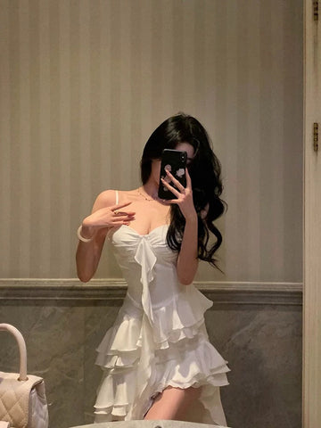 Niulatu High Low Spaghetti Straps White Chiffon Ruffles Prom Dresses Birthday Outfits Evening Gown SD987